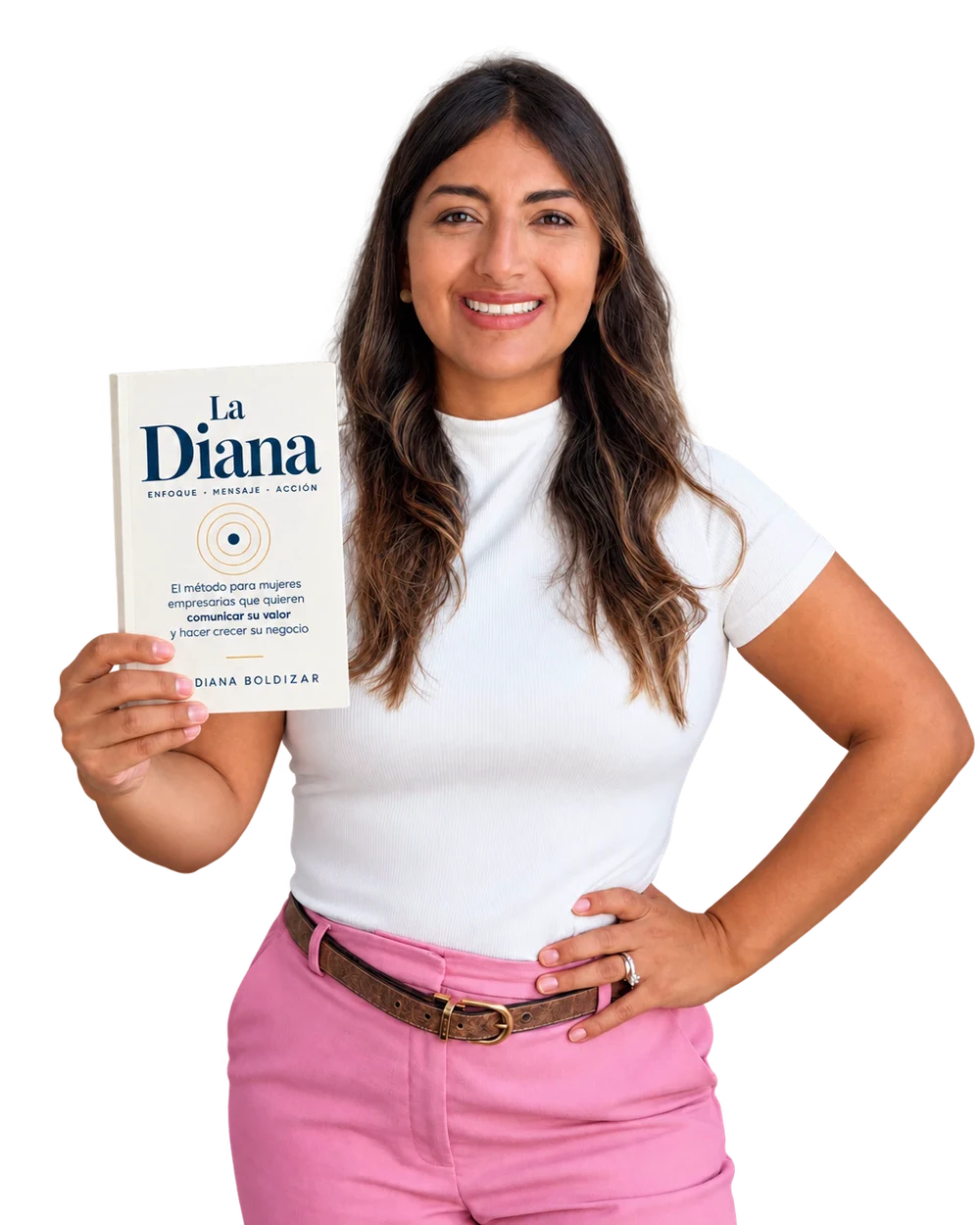 Diana Boldizar sosteniendo su libro La Diana